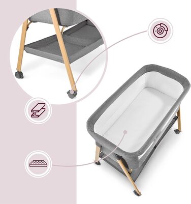Дитяче ліжечко Moby-System Mili Дорожнє ліжечко 06 місяців, Складане з матрацом, Сітчасті боковини, Місце для зберігання, Колеса з гальмом, Легке та стійке, Сірого кольору, Для новонароджених, Приліжкове ліжечко без свердління, Макс. 9 кг.