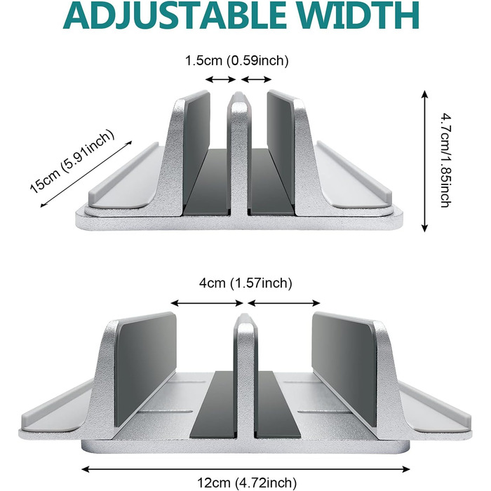 Вертикальна підставка для ноутбука з металу, подвійне регулювання, 4 слоти, для MacBook, HP, Chromebook до 17.5 дюймів (44.5 см) срібляста
