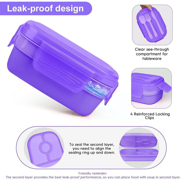 Великий обідній бокс-бенто для дорослих, 1901 мл, герметичний контейнер для ланчу з набором столових приборів для роботи, пікніка та їжі. Колір фіолетовий