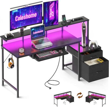 Ігровий стіл Coleshome зі світлодіодним освітленням, 140x48 см, стіл з тканинними шухлядами, комп&39ютерний стіл з 2 розетками та 2 USB-портами, ігровий стіл з підставкою для монітора для домашнього офісу, чорний 140x48 см, чорний