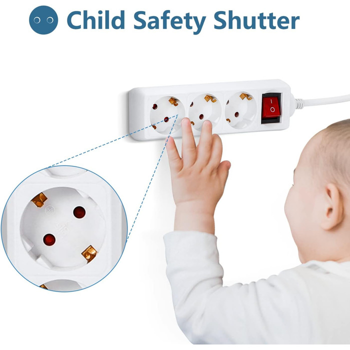 Триконтактний подовжувач Aigostar з вимикачем, настільна розетка, замок від дітей, кабель 5 м, білий