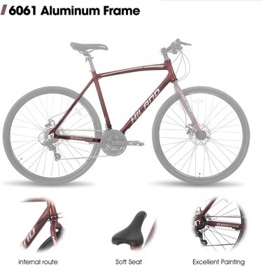 Шосейний велосипед Hiland 28 дюймів, 21 передача, міський велосипед для чоловіків з дисковими гальмами, рама 530 мм, комфортний шосейний велосипед, колеса 700C, чорний/червоний/срібний, розмір M
