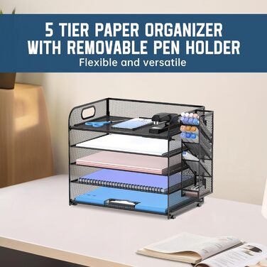 Рівневий органайзер для столу SUPEASY з ручкою, знімні тримачі для ручок, сітчастий органайзер для паперу/файлів для столу, органайзер для лотка для паперу та листів для офісного приладдя (чорний), 5-