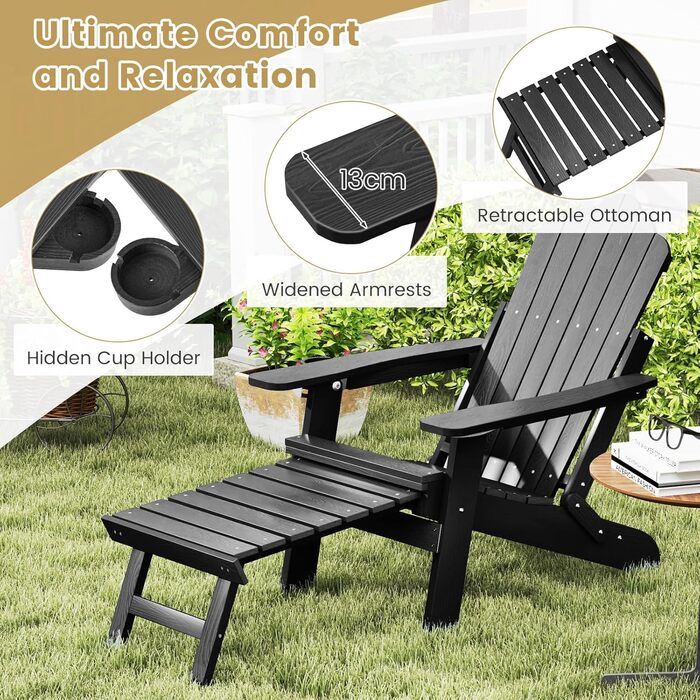 Складане крісло GIANTEX Adirondack з підставкою для ніг, всепогодне крісло для вогнища з регульованою спинкою та тримачем для напоїв, шезлонг на вулиці, вантажопідйомність до 180 кг