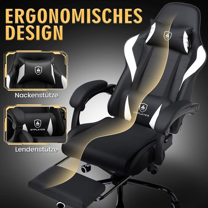 Ігрове крісло GTPLAYER - Ергономічне ігрове крісло з поперековою опорою, регульованою висотою, м&39яке, вантажопідйомність 150 кг, чорне