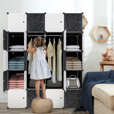 Система полиць для гардеробу HENGMEI з дверцятами, пластик ПП, для зберігання одягу та книг, самостійне складання, вставний стелаж (20 коробок з дверцятами, з 2 рейками для одягу, чорний)