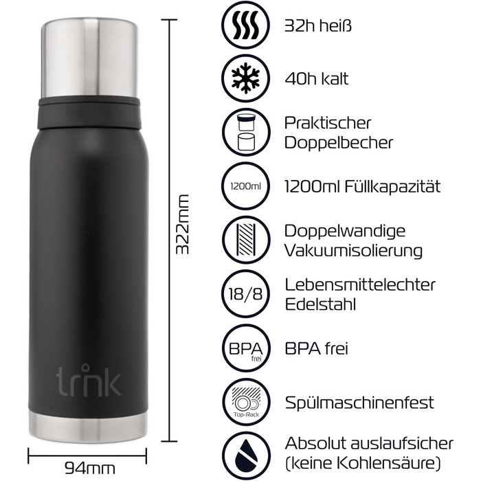 Термос trnk для вулиці Arctic 2 - Термос з нержавіючої сталі 1200 мл - Без BPA - Термос зберігає температуру 32 години - Кришка з 2 чашками - Можна мити в посудомийній машині (матовий темно-чорний)