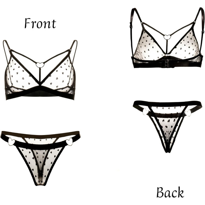 Жіночий сексуальний комплект білизни з прозорої сітки, спідня білизна у формі сердечок, сітчаста білизна, бебі-дол з V-подібним вирізом та леопардовим принтом, комплект із 2 предметів бюстгальтер на бретельках-спагетті трусики-стрінги, один розмір, чорний