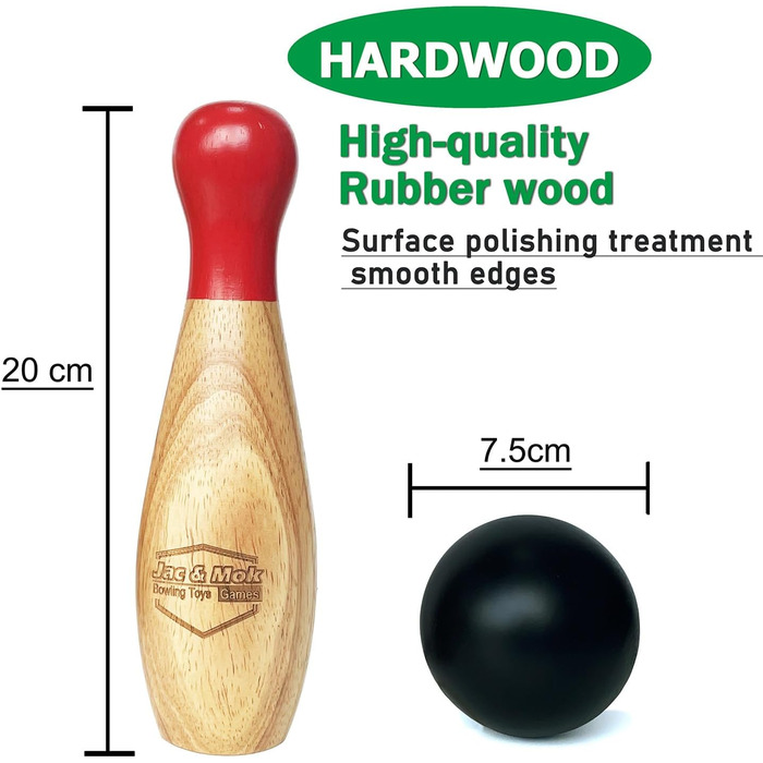 Набір для боулінгу Jac & Mok - Дерев&39яна гра в боулінг - Боулінг у бляшаній банці, іграшка для вулиці та дому (10 кеглей та 2 кулі, висотою 20 см) 10 кеглей та 2 кулі висотою 20 см