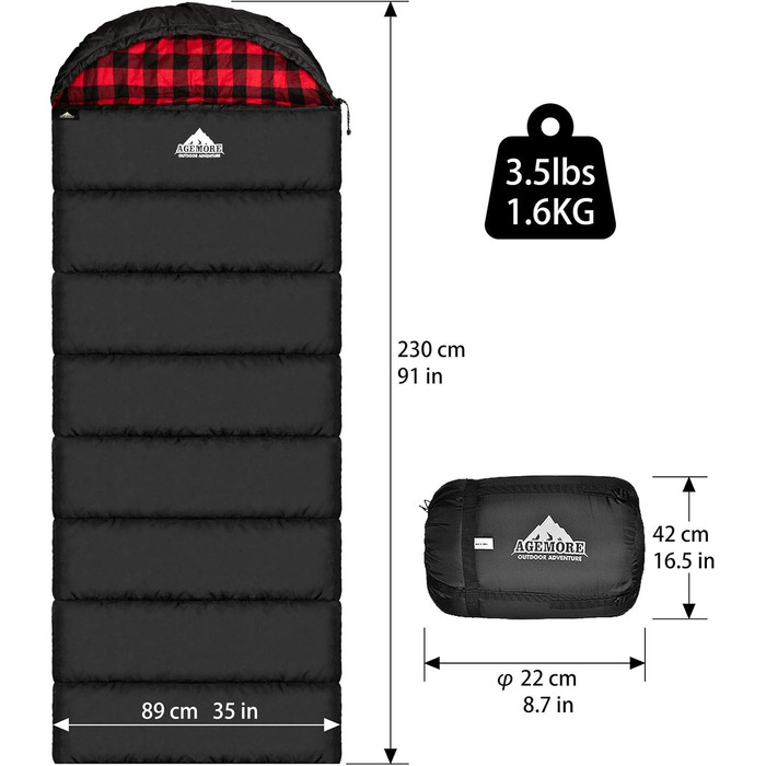Бавовняний фланелевий спальний мішок для дорослих, спальний мішок зі 100 бавовняною підкладкою для кемпінгу, походів, подорожей з рюкзаком, легкий та портативний, 3-4 сезони в теплу погоду, чорний/червоний