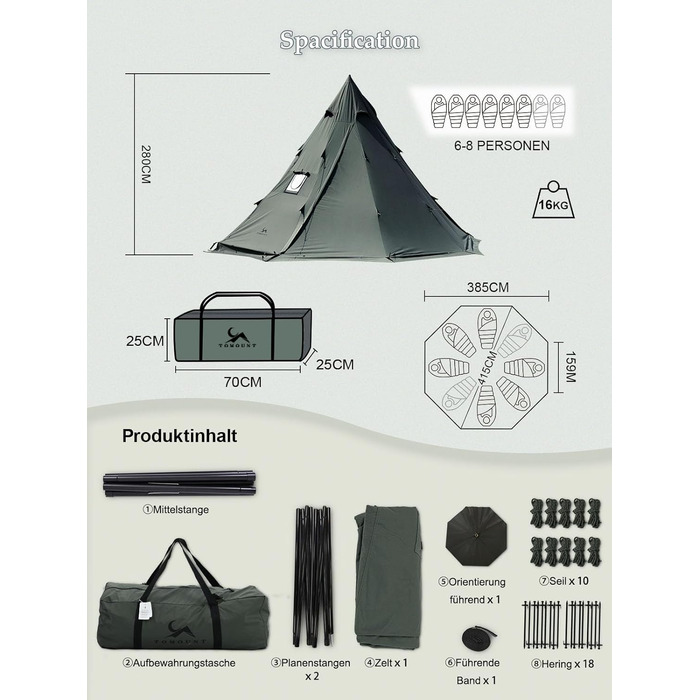 Намет TOMOUNT, бавовняний індіанський намет, високий коник 2,8 м, для 6-8 осіб, пірамідальний намет з отвором для плити, 4-сезонний кемпінговий намет для активного відпочинку, кемпінгу, пішого туризму, трекінгу, зелений