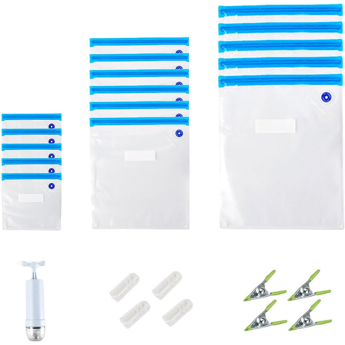 Вакуумні пакети для харчових продуктів набір вакуумних мішків, багаторазові вакуумні пакети з 1 ручним насосом, вакуумні пакети без BPA, пакети для вакуумного пакування Пакети Sous Vide Set (22x21 см * 5 26 x 28 см * 5 30 x 34 см *5), 15 шт.