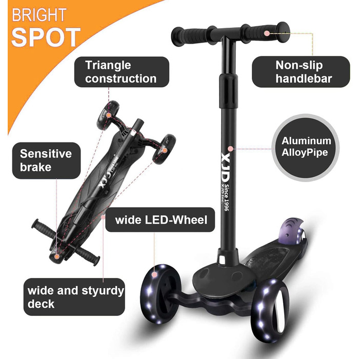 Дитячий самокат XJD для 2-8 років, дитячий самокат дитячий самокат з 3 світлодіодними колесами, 4 регульованими по висоті міськими