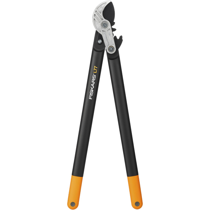 Садові секатори Fiskars PowerGear з механізмом передачі для сухого гілля та пагонів, з нарізним та тупим лезом, антипригарним покриттям, виготовлені з міцної інструментальної сталі, довжина 69 см, чорно-помаранчеві, L77, 1000583 L77 (діаметр гілок до 5 см