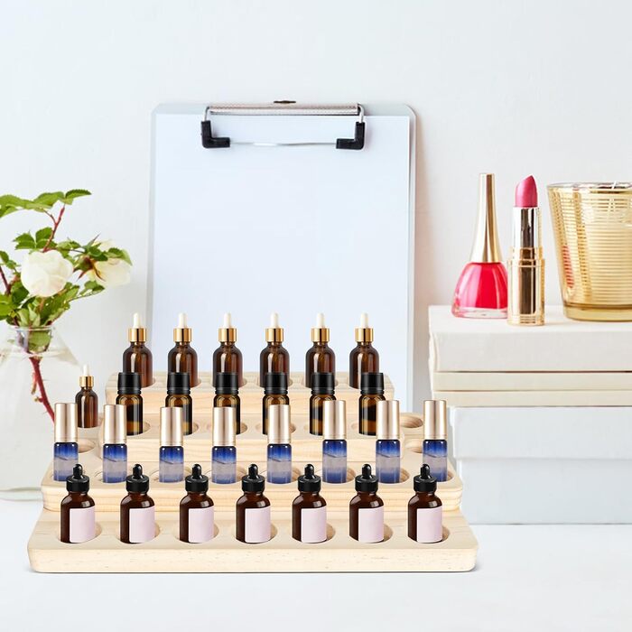 Підставка для ефірних олій Dokeno, дерев&39яна 4-рівнева підставка для зберігання ефірних олій з 31 отвором, органайзер для зберігання лаку для нігтів, ароматичних олій, парфумів, косметики, 31 x 18 x 7,5 см