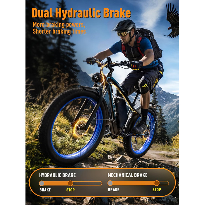 Електричний велосипед V7 для дорослих, гірський електровелосипед 264.0 дюймів з товстими шинами, акумулятор 52 В 19.2 Аг, гідравлічні гальма, 21-швидкісний електровелосипед