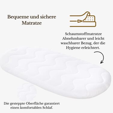 Дитяча колиска з колесами та гальмами Білий кошик Moses з натуральної верби, включаючи матрац та білу постільну білизну зі 100 бавовни, сертифікована Oeko-Tex безпечна та мобільна Модель Amelia