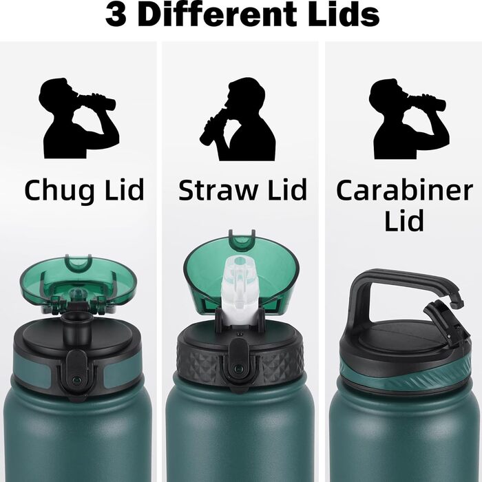 Пляшка для води OLDLEY з нержавіючої сталі з трубочкою 1 л, ізольована, з 3 кришками, велика термос 1 літр, герметична, зберігає тепло та холод, для спорту, тренажерного залу, кемпінгу, їзди на велосипеді (темно-зеленийчорний, 3 кришки) темно-зеленийчорни