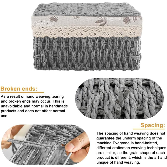 Набір кошиків для зберігання з 3 предметів з кришкою, плетений кошик з підкладкою, ротангова коробка для зберігання у ванній кімнаті, органайзер для ванної кімнати, іграшок, кухні, спальні (сірий)