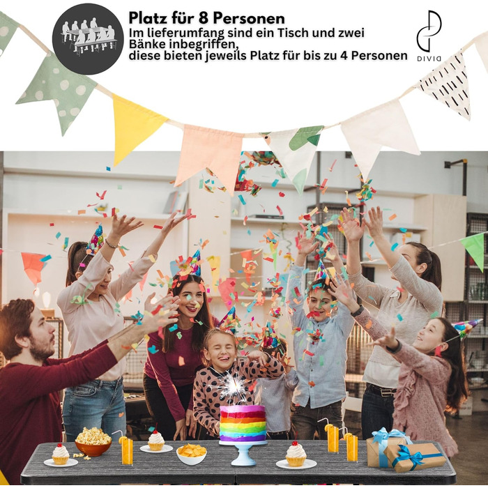 Набір для пивного саду DIVID, 3 предмети Стіл 2 лавки Для використання в приміщенні та на вулиці Складаний з ручками для перенесення ВxШxГ 73x180x75 см Садовий стіл (DIV-200/WOOD Set)