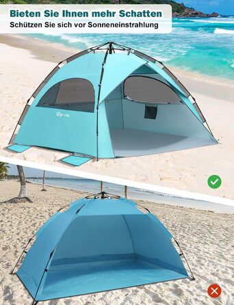 Пляжний намет Glymnis Quick Up, автоматичний пляжний намет, захист від ультрафіолету 50, вітрозахисний, невеликий розмір у упаковці, синій, пляжний намет для 4-6 осіб, синій зі срібним вінілом