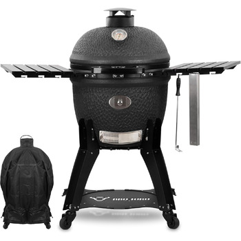 Вугільний гриль 'Yoru Ø 56 см з бічними поличками, термометром матовий чорний бульбашкова глазур керамічний гриль на колесах, кера