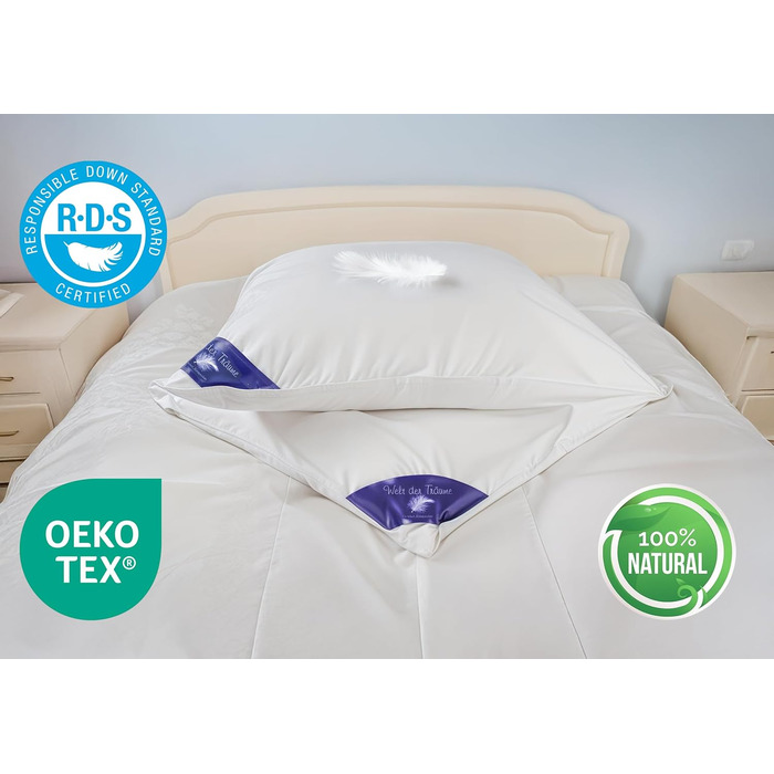 Комплект із 2 пухових подушок 3-камерні подушки 80x80 см Вага наповнювача 1600 грамів Чохол зі 100 бавовни Пухова подушка 80x80 Пухова подушка Не вищипує живих істот Білий