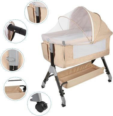 Дитяче ліжечко Kedia з москітною сіткою, дитяче ліжечко та дорожнє ліжечко з колесами, дитяче ліжечко для новонароджених, регульована висота, ліжечко в режимі сну на боці (104 x 52 x 103-115 см, бежево-білий)