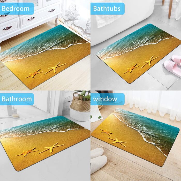 Килимок для ванної кімнати 42x60 см, килимок для ванної з гумовою підошвою, нековзний, можна прати, вбирає вологу, швидковисихає (пляжні хвилі)