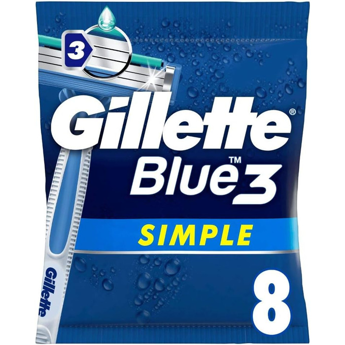 Проста одноразова бритва Gillette Blue3 для чоловіків, 8 бритв із 3 лезами, волога бритва з фіксованим лезом, зволожуюча смужка