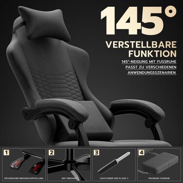 Ергономічне ігрове крісло з масажем, підголівником та регульованою підставкою для ніг - тканинний чохол, темно-сірий, регульовані підлокітники, витримує до 136 кг