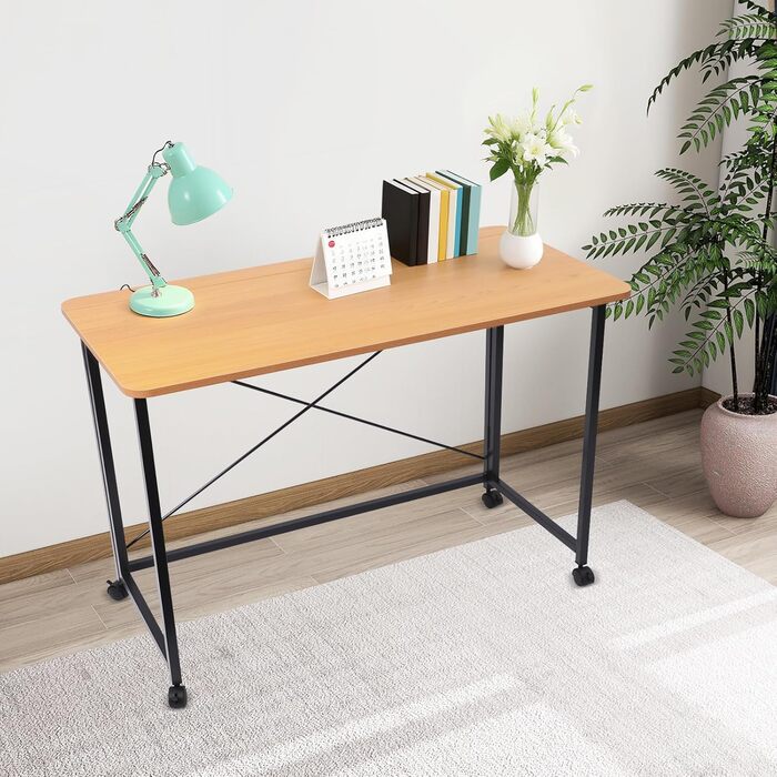 Розкладний стіл на колесах, 100x50 см, складний стіл, маленький, вантажопідйомність до 100 кг компактний мобільний комп&39ютерний стіл з гальмами для домашнього офісу, кухні, балкону, кемпінгу (білий/тик) (тикове дерево)