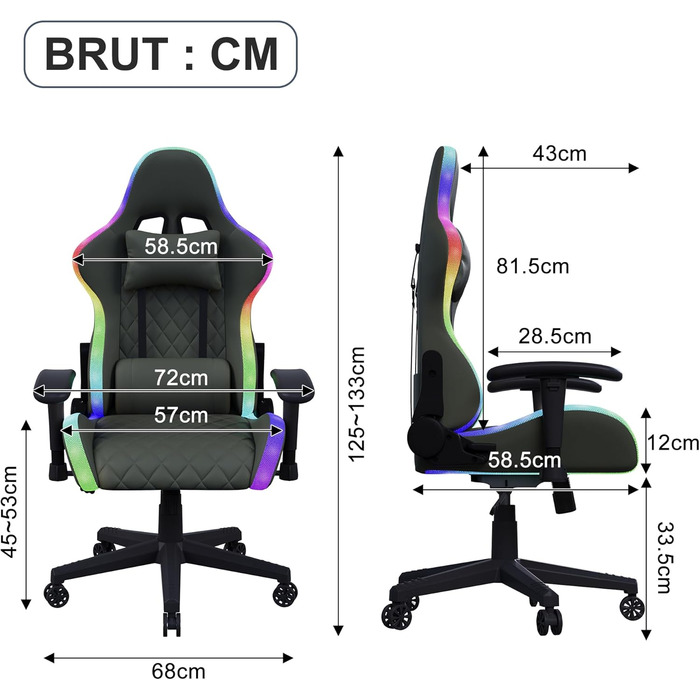 Геймерське крісло, ергономічне офісне крісло з RGB LED-підсвічуванням, масаж поперекового відділу сидіння, регульоване, підголівник, поперекова підтримка, висока спинка, кут нахилу 135, чорний колір