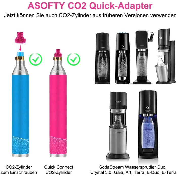 Швидкий адаптер ASOFTY CO2 сумісний з SodaStream Duo, Crystal 3.0, Gaia, Art, Terra, E-Duo, E-Terra Установка без пошкодження содогенератора, для 425 г циліндра Co2 60L трапецієподібна різьба TR21-4