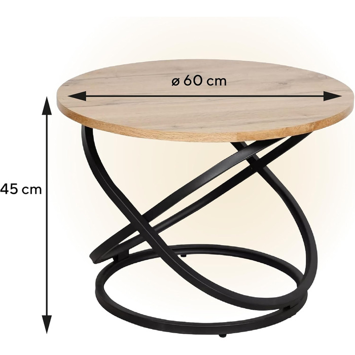 Журнальний столик, Приставний столик для дивана, Круглий 60 см, Імітація дерева з металевим каркасом, Висота 45 см, Вантажопідйомність до 25 кг