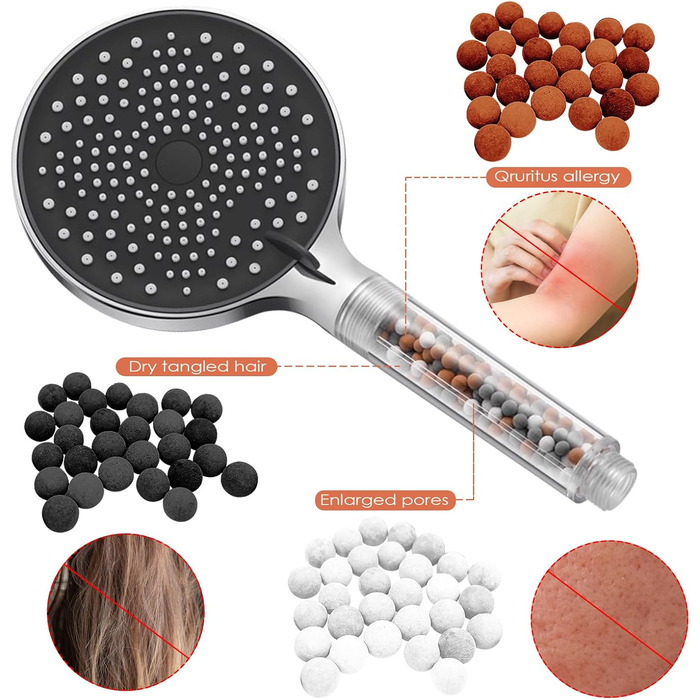 Душова насадка для фільтра з намистинами, душова насадка, фільтр проти випадіння волосся з вапняним нальотом, фільтруючі камені, антибактеріальні іонні фільтри, мінеральні камінці для видалення хлору, 9 Pack Mineral Beads Refill Set