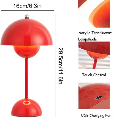 Світлодіодна настільна лампа Asslye Бездротова батарея, настільна лампа з сенсорним затемненням у вазоні, сучасна грибна лампа з 3 кольорами, акумуляторна лампа для квітника для спальні, вітальні, ресторанів, офісу (червоний)