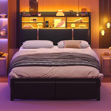Ліжко 140x200 см, м&39яке ліжко зі світлодіодним підсвічуванням, металевий каркас ліжка, каркас ліжка з 2 шухлядами, узголів&39я з полицею та місцем для зберігання речей, розетка, двоспальне ліжко з рейковою основою, для спальні, PU чорного кольору