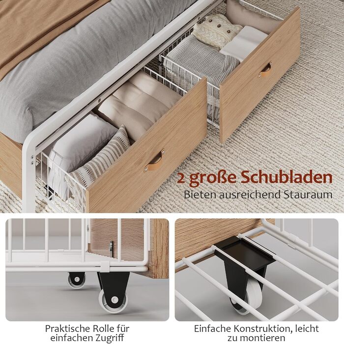 Ліжко 140x200 см, металевий каркас ліжка, основа ліжка з рейковою основою, зарядна станція, 2 шухляди, металевий каркас та дерев&39яне узголів&39я з місцем для зберігання, для спальні, гостьової кімнати, білий натуральний 140 x 200 см білий натуральний