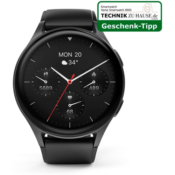 Розумний годинник Hama 8900 з GPS, водонепроникний IP68, функція телефону (сенсорний AMOLED-дисплей, голосове керування, спортивні режими, трекер сну, пульсометр, WhatsApp, годинник для бігу, пульсометр, фітнес-годинник) чорний