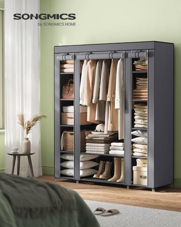 Шафа, Тканинна шафа, 12 з рейкою для одягу та полицями, Міцна шафа, для спальні, гардеробної, 150 x 45 x 175 см, Сірий LSF03G