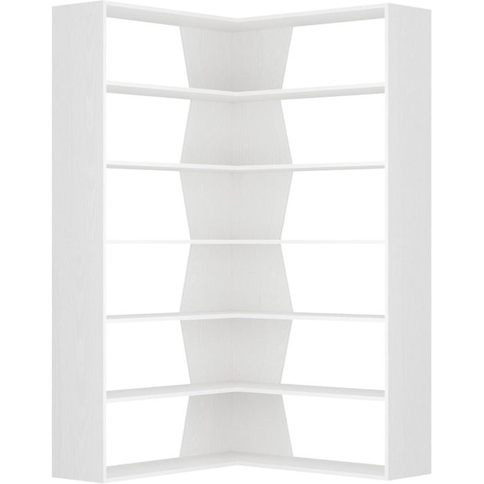 Кутова полиця FirFurd 190 см, книжкова шафа-ліжко, кутова книжкова шафа з 6 полицями, L-подібна кутова шафа, висока шафа, книжкова шафа, кутова вітрина для кабінету, вітальні, кухні, 90x90x190,5 см, білий