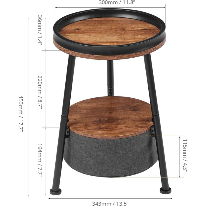 Невеликий круглий журнальний столик із сумкою для зберігання, двоярусний журнальний столик із кошиком для зберігання, кругла тумбочка для використання в приміщенні/на вулиці (коричневий чорний)