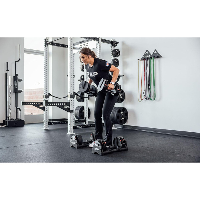Регульовані гантелі Rep Fitness Quickdraw, доступні в кількох діапазонах ваги, включаючи 5-30, 5-40, 5-50 та 2,3-27,2 кг, 2,3 - 18 кг