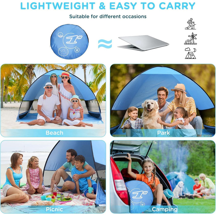 Пляжний намет-розкладний намет, портативний надлегкий автоматичний пляжний намет із захистом від сонця UPF 50 для 3-4 осіб, пляжний намет, сімейний захист від сонця, пляжний кемпінг, піший туризм, сад
