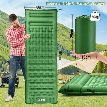 Килимок для сну на вулиці, потовщений кемпінговий килимок 12 см, самонадувальний з ножним насосом та подушкою, надлегкий складаний, надувний матрац для кемпінгу, походів, подорожей на природі, зелений