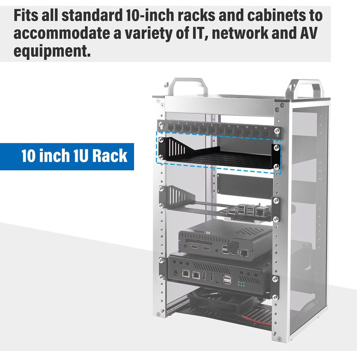Серверна стійкова полиця GeeekPi 1U, 10-дюймова, 200 мм глибиною, універсальна стійкова полиця, вентильований консольний лоток для 10-дюймових серверних та мережевих шаф та DeskPi RackMate T1/T0 1U -