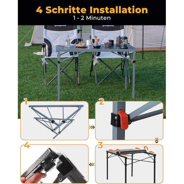 Складаний кемпінговий стіл KingCamp з алюмінієвою рамою, зсувна стільниця для 4-8 осіб, складний кемпінговий стіл з сумкою для перенесення, вантажопідйомність до 80 кг, чорний, 4 особи