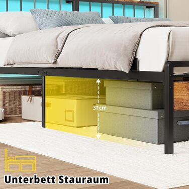 Каркас ліжка IRONCK 180x200, Ліжко зі світлодіодним підсвічуванням та розетками, Місце для зберігання речей під ліжком, 2 розетки змінного струму, 1 порт USB та 1 порт Type-C, Двоспальне ліжко з металевою рейковою основою, 180x200 см