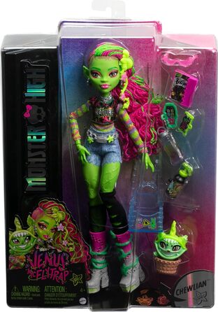 Лялька Monster High Venus McFlytrap з рослинним монстром-кітом Чуліаном та аксесуарами, такими як рюкзак, блокнот, снеки тощо, HRP81 Lime Green